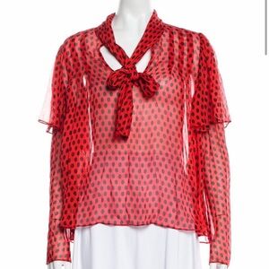 Diane Von Furstenberg Red Sheer Polka Dot Tie-Neck Blouse